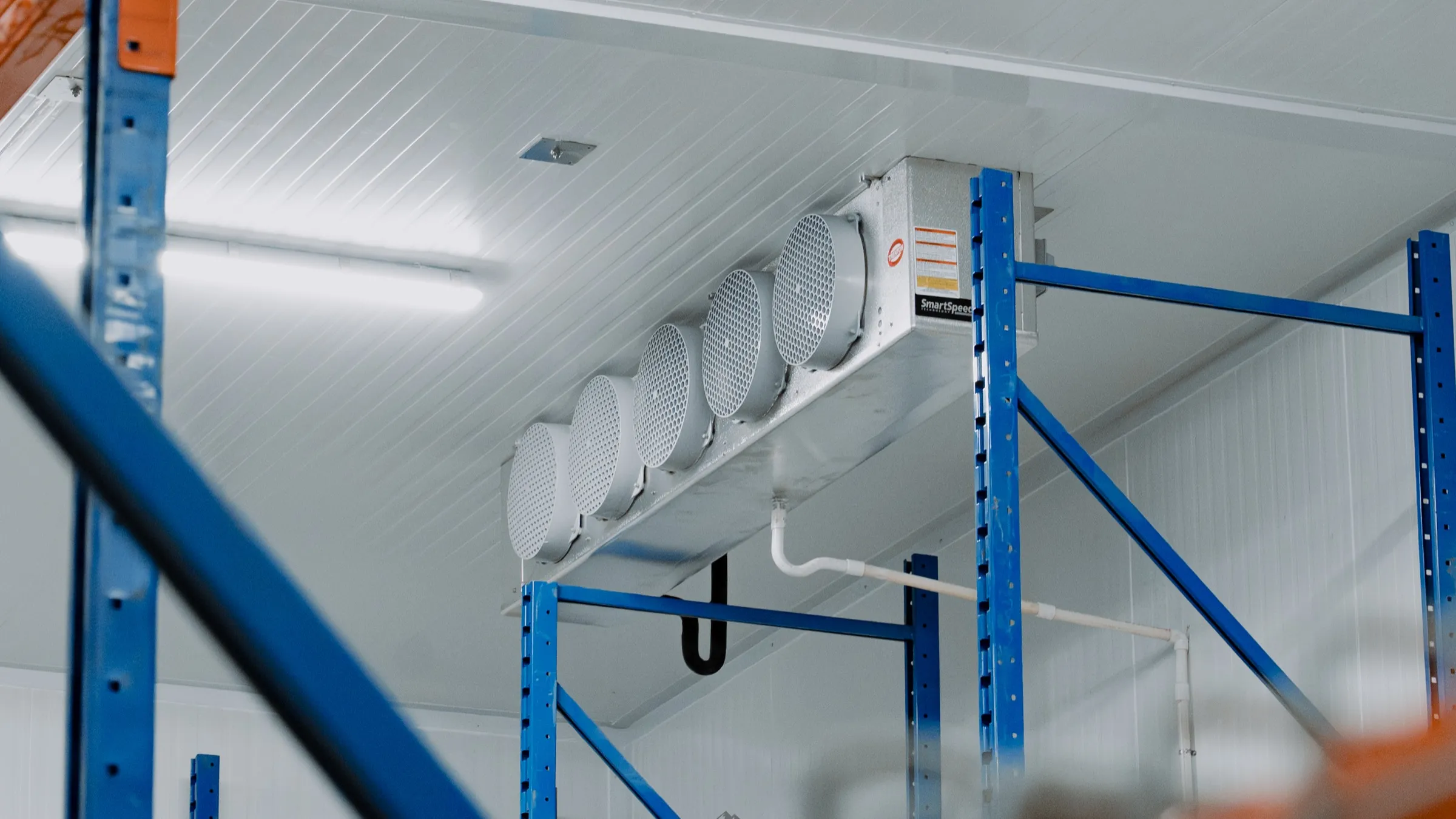 Trenton SmartSpeed five-fan evaporator mounted at the ceiling of a finished Ontario cold storage room, seen between blue and orange pallet racking uprights, white insulated panel walls and ceiling, Atlas Foods install by World Food Equipment