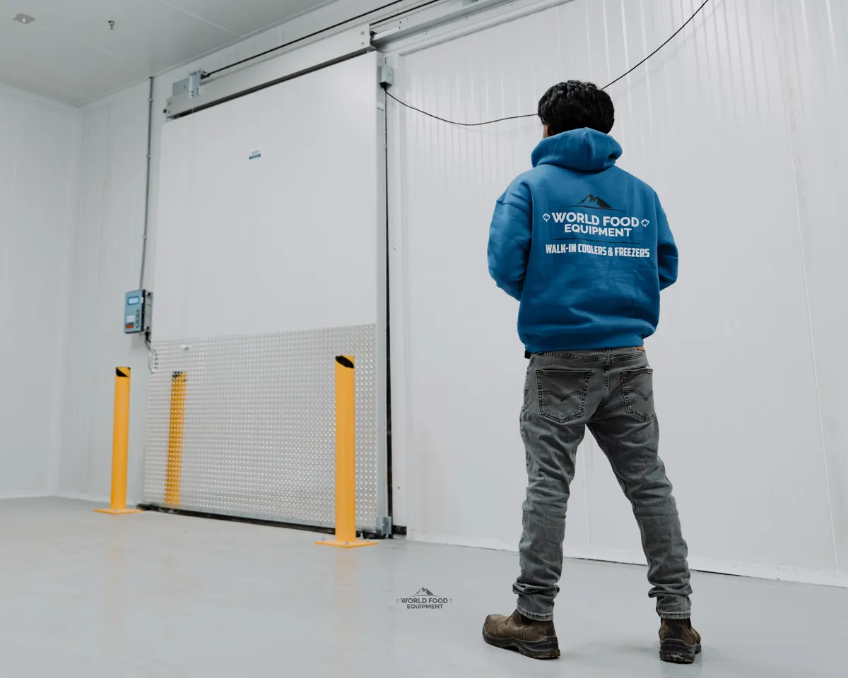 Exterior of a finished white insulated-panel walk-in freezer inside an Ontario warehouse, insulated sliding door open on a vinyl strip curtain, diamond-plate kickplate, yellow bollards, and a wall-mounted digital controller, SKOR Crestlawn install by World Food Equipment