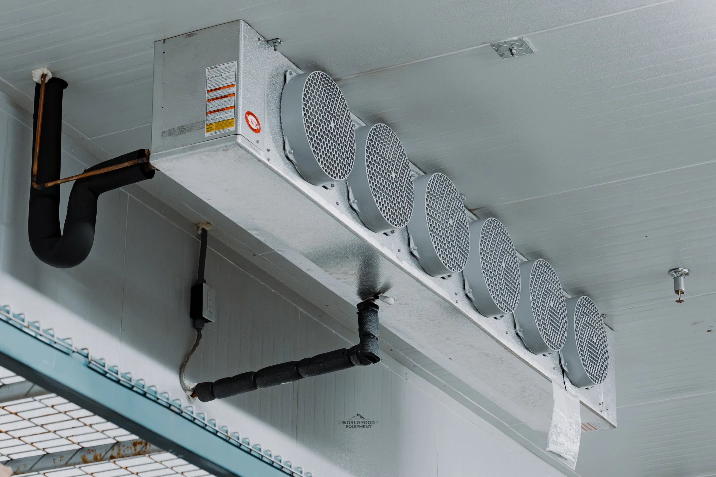 Trenton six-fan evaporator in a finished Ontario walk-in freezer at the Food Junction install, insulated suction line and heat-traced drain line exiting through the panel wall, World Food Equipment