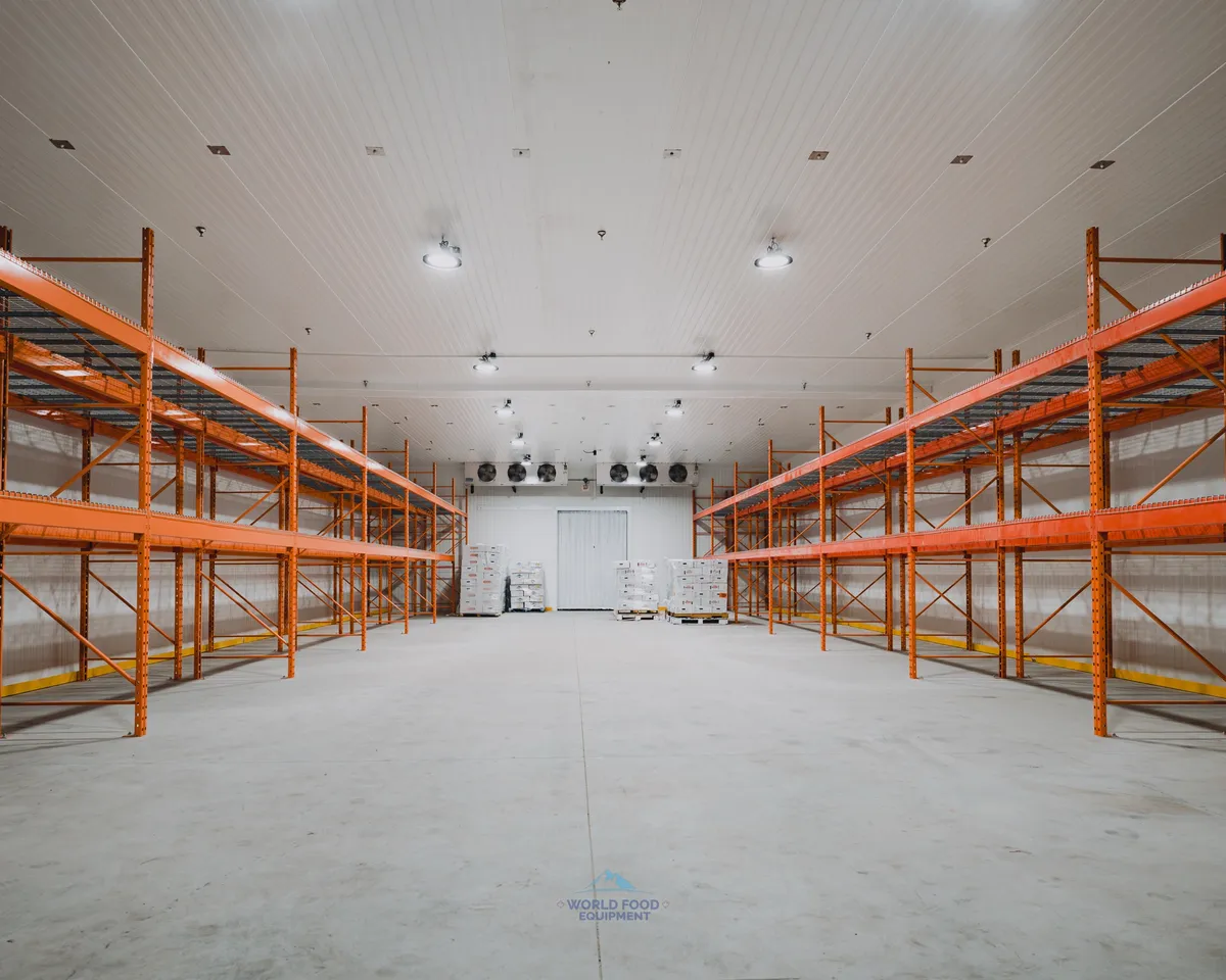 Large commercial walk-in freezer warehouse in Ontario with orange pallet racking down both sides, two ceiling-mounted multi-fan evaporators over the back door, palletized frozen product staged on the floor, white insulated panel walls and ceiling, halal meat processor install by World Food Equipment