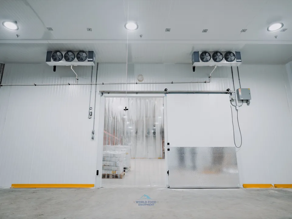 Operational walk-in freezer at the halal meat processor in Mississauga with dual ceiling-mounted KeepRite evaporators, sliding insulated door open showing strip curtain at the entry with stocked product on pallets visible inside, diamond-plate kick guard, yellow impact bollards at the floor line.