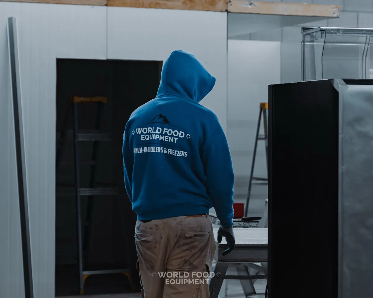 Stocked commercial cold storage aisle in Ontario with teal pallet racking, palletized cases of product, and white insulated panel walls and ceiling under LED strip lights, Progress Avenue install by World Food Equipment