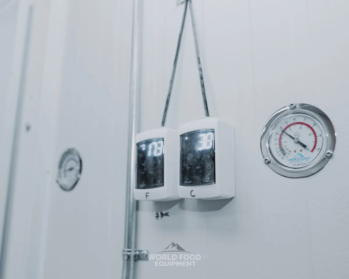 Close-up of two digital temperature controllers labelled F and C beside an NSF dial thermometer mounted on a white insulated cold-storage panel, WFE-branded precise temperature monitoring on a finished walk-in, The Bagel House install, Ontario, World Food Equipment