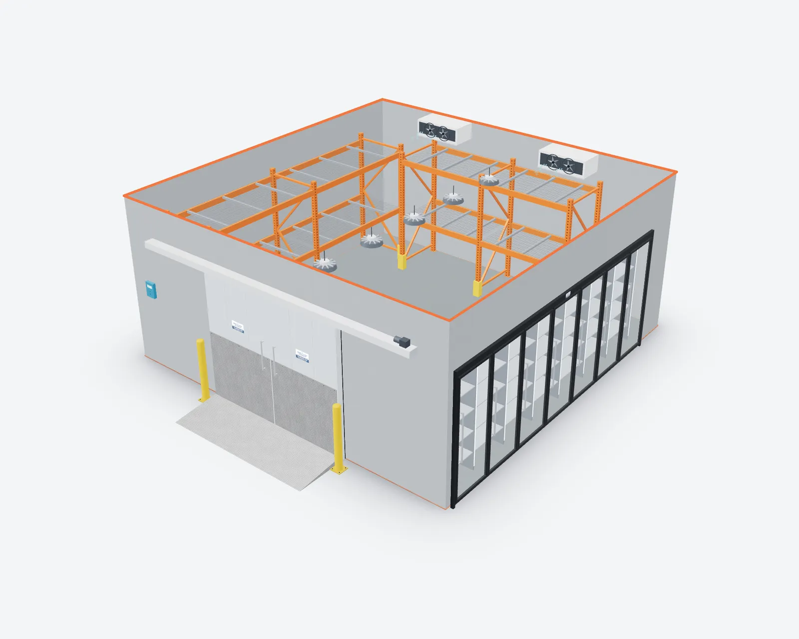 3D walk-in configurator design of a large walk-in with a sliding dock door, bollards and ramp, pallet racking, two ceiling evaporators and a wall of glass display doors