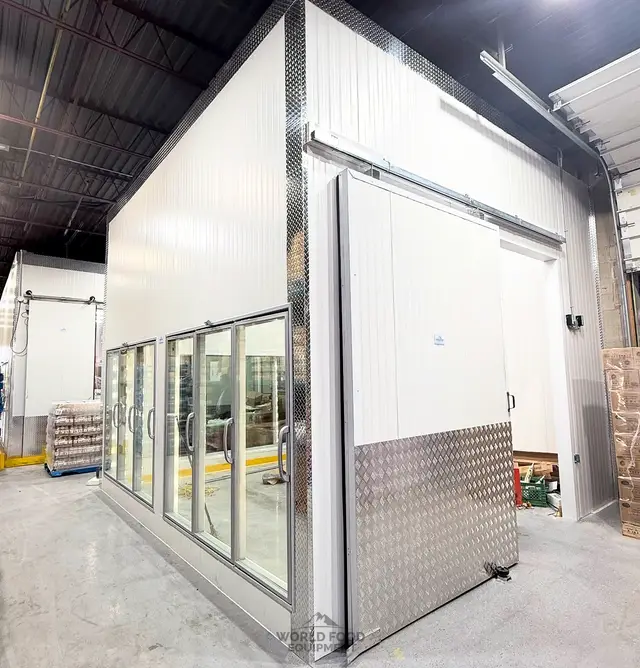 Glass-door reach-in coolers beside a walk-in