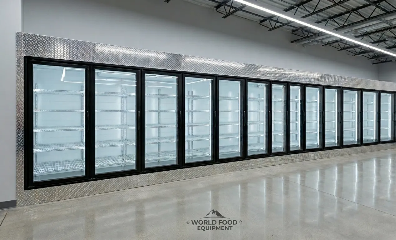 Long run of black-framed glass display doors built into the front of a walk-in cooler, with wire shelving behind the glass, diamond-plate trim above and below, polished concrete floor, World Food Equipment install in Ontario