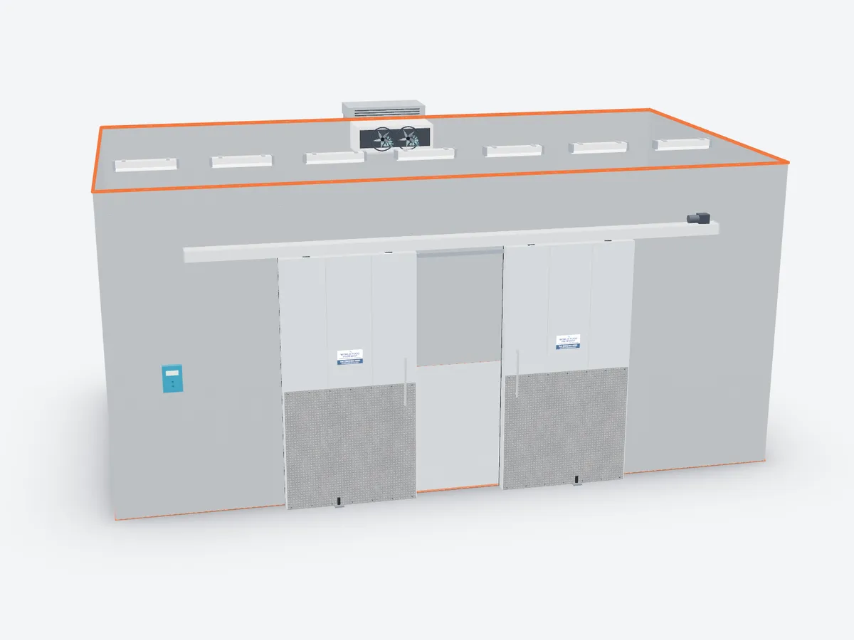 3D model of a walk-in freezer with an automatic bi-part sliding door, two insulated panels parting from the centre