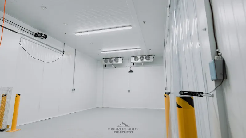 Finished commercial walk-in cooler interior with two ceiling-mounted multi-fan evaporators on the back wall, a clear PVC strip curtain at the entrance, diamond-plate kickplate and yellow safety bollards by the door, white insulated panel walls and ceiling, polished floor, World Food Equipment install, Ontario