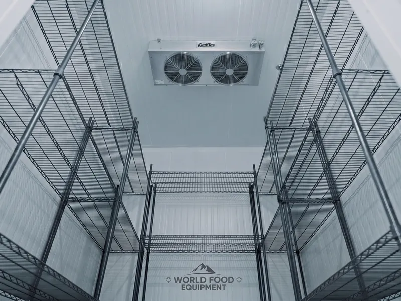 Commercial walk-in cooler interior viewed from a low angle, empty black wire storage shelving lining both walls, a ceiling-mounted twin-fan evaporator overhead, white insulated panel walls and ceiling, polished floor, Ontario, World Food Equipment