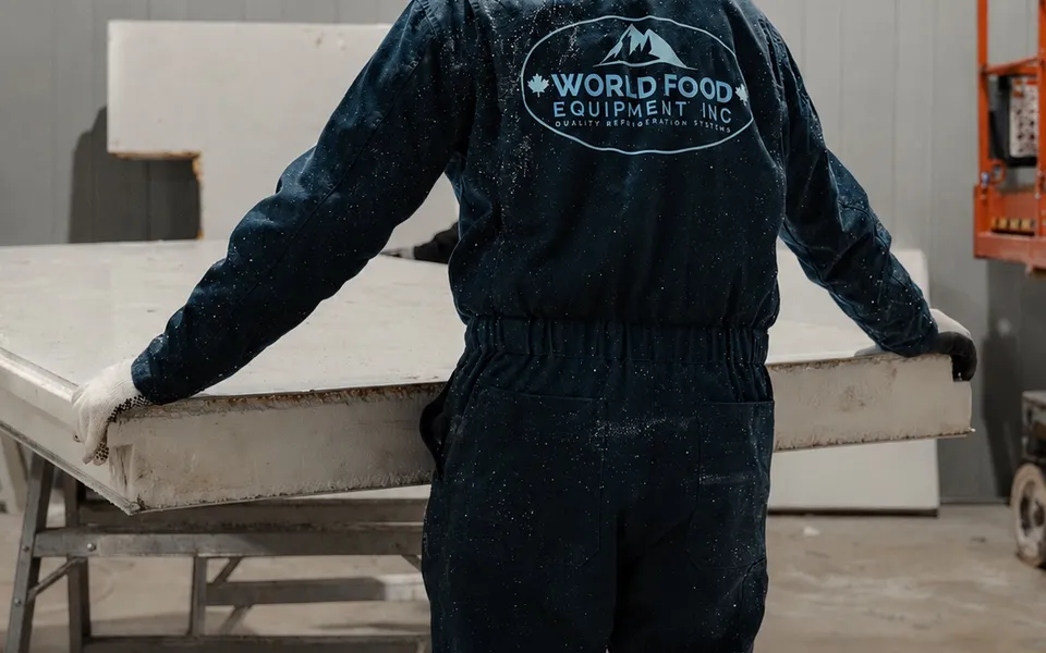 World Food Equipment installer in navy WFE coveralls lifting a white insulated walk-in panel off a work bench inside a panel-lined cold room under construction, orange scissor lift behind, Ontario