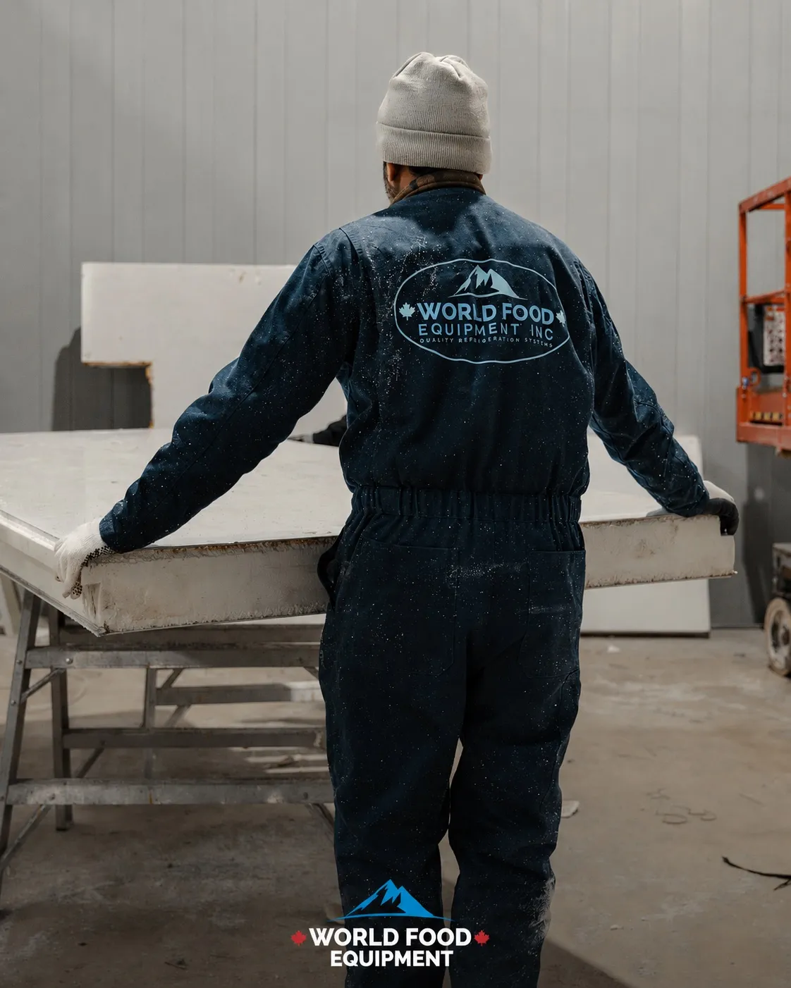 World Food Equipment installer in navy WFE coveralls lifting a white insulated walk-in panel off a work bench inside a panel-lined cold room under construction, orange scissor lift behind, Ontario