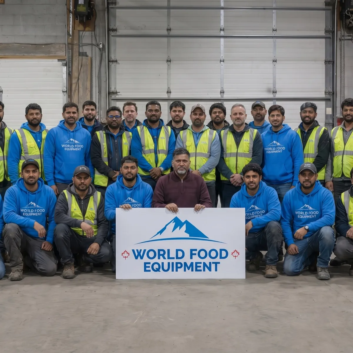 The World Food Equipment installation team in branded hoodies and high-visibility safety vests, gathered in the WFE fabrication facility with a World Food Equipment sign
