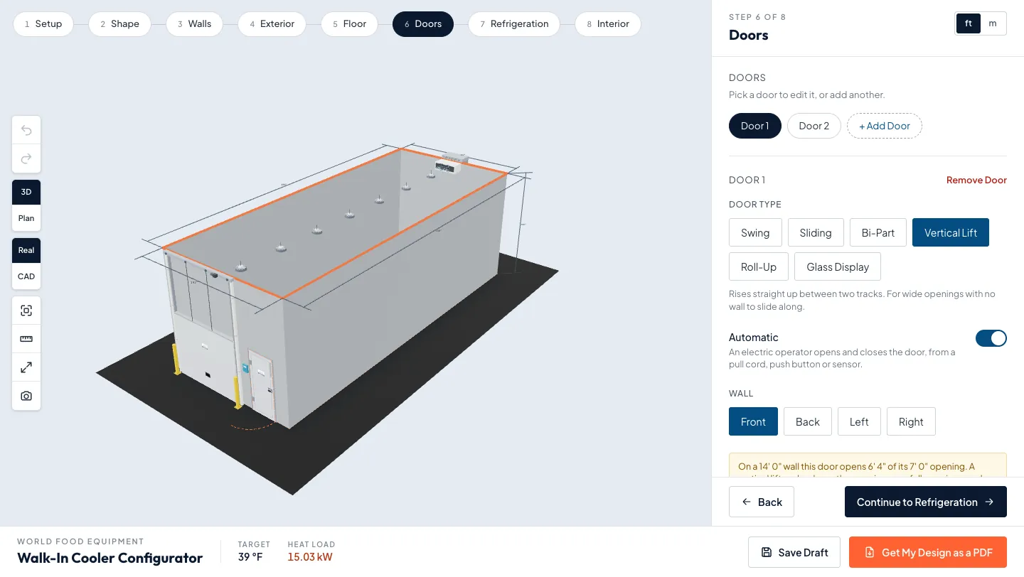 Configurator Doors step with a 16 by 40 ft outdoor walk-in cooler, an automatic vertical lift door with yellow bollards and a second swing door on the front wall
