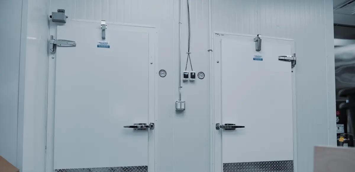 Two walk-in cooler doors side by side showing cam-lift hinges, chrome latches, door closers, and dial thermometers, WFE install in Toronto