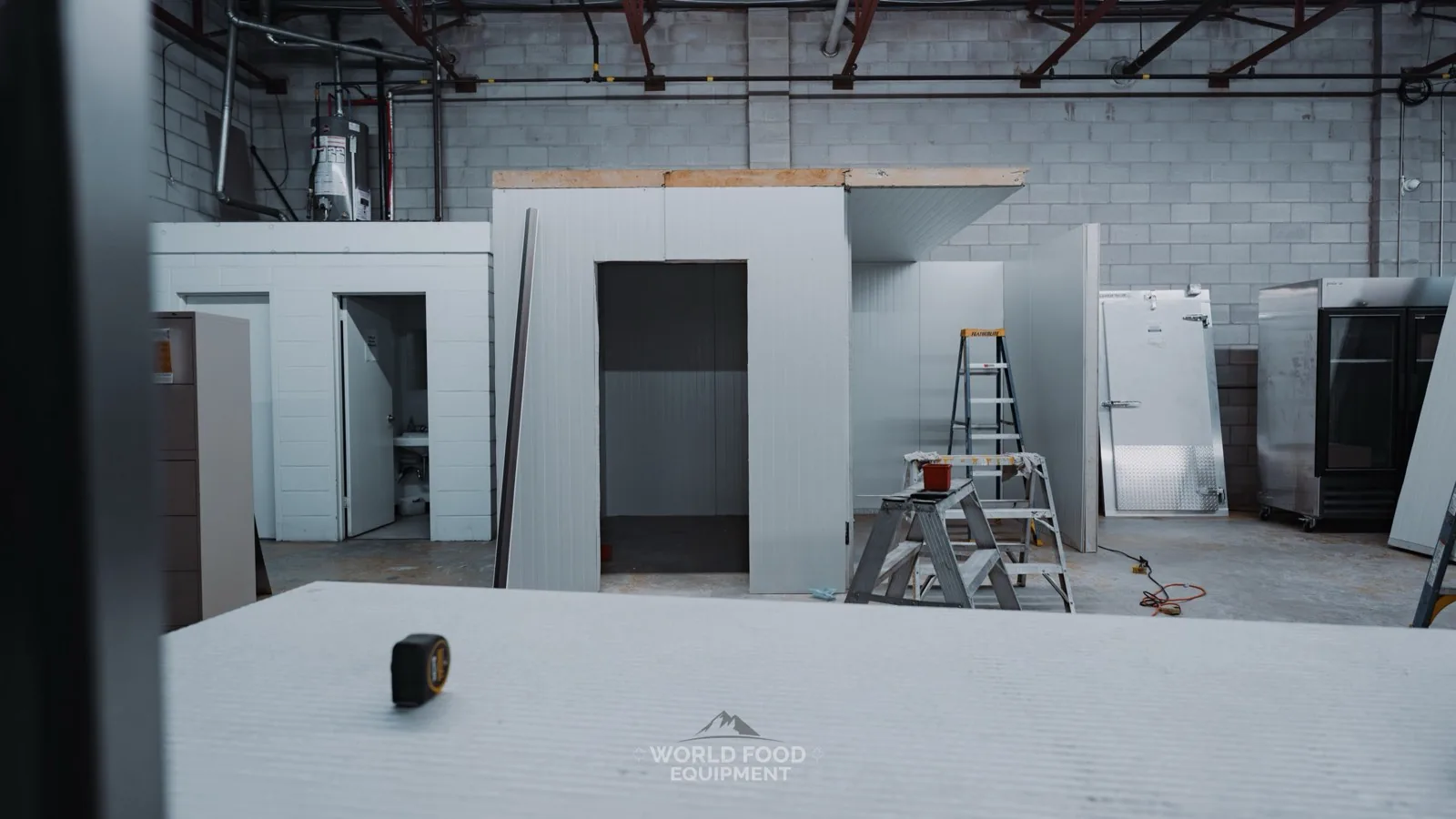 Two walk-in cold room boxes under construction side by side on a WFE build, insulated panels and walk-in doors staged around them