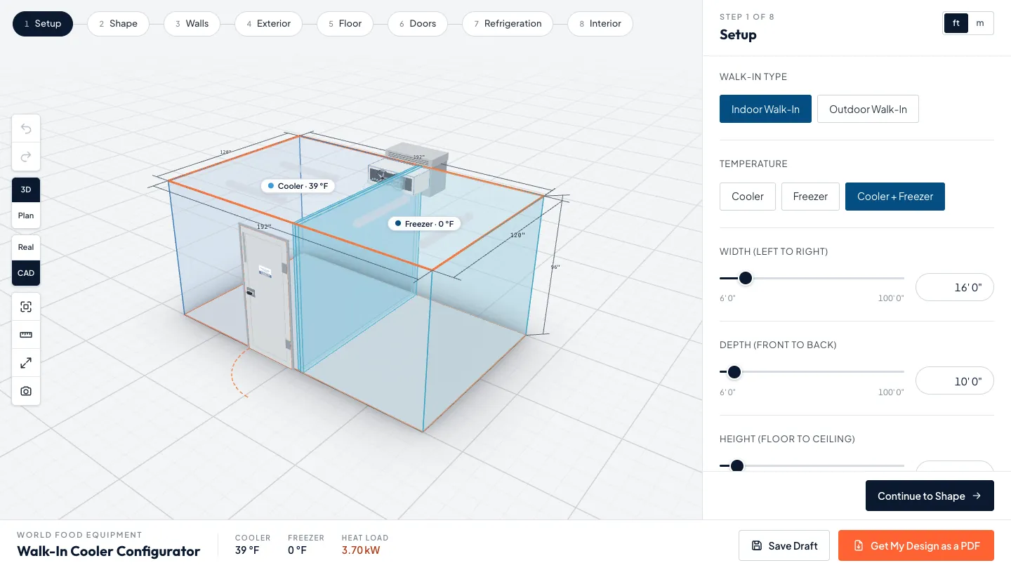 Configurator Setup step with Cooler plus Freezer selected and a see-through 3D view of a 16 by 10 ft combo walk-in with a partition, the cooler zone at 39 degrees F and the freezer zone at 0 degrees F