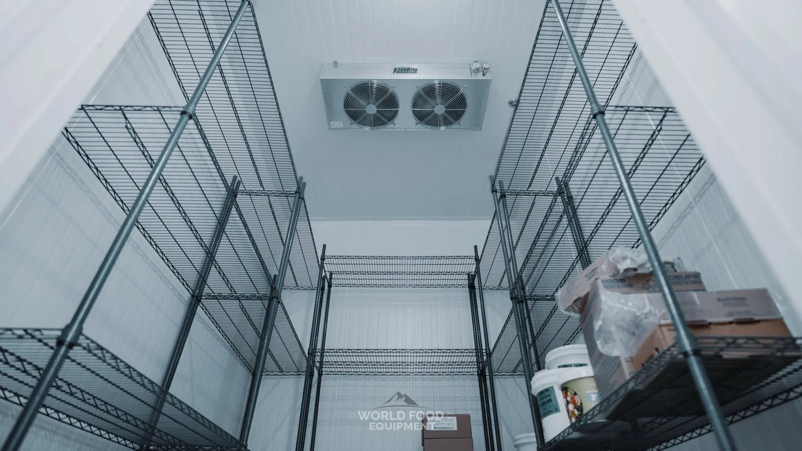 KeepRite evaporator unit mounted on the ceiling of a walk-in cooler installed by World Food Equipment in Toronto