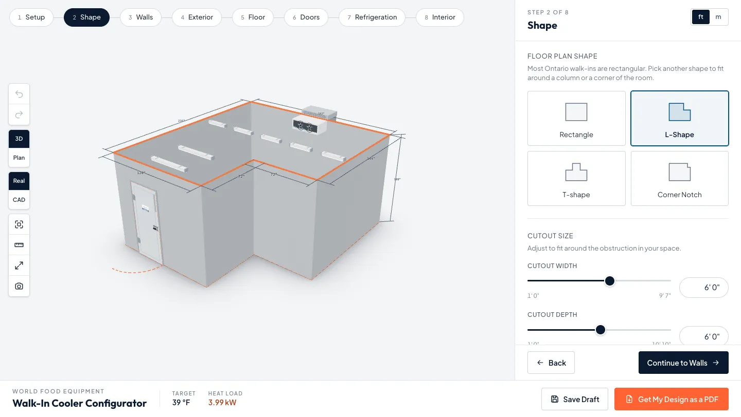 Configurator Shape step with an L-shaped walk-in cooler footprint and a 6 by 6 ft cutout set with the cutout width and depth sliders
