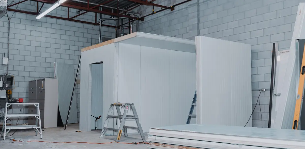 Walk-in cooler box mid-assembly with loose insulated panels leaning against it and a panel stack in the foreground, WFE install in Ontario