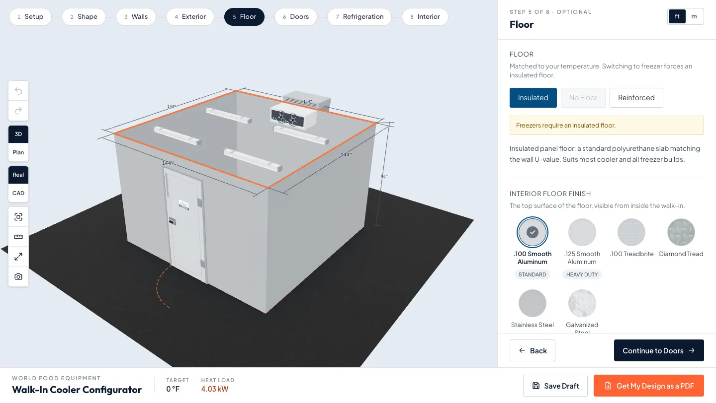 Configurator Floor step for a 12 by 12 ft outdoor walk-in freezer with Insulated selected, No Floor greyed out and the note that freezers require an insulated floor