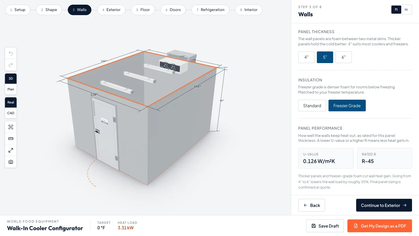 Configurator Walls step for a walk-in freezer with 5 inch panels, Freezer Grade insulation and the panel performance readout showing the U-value and a rated R-45