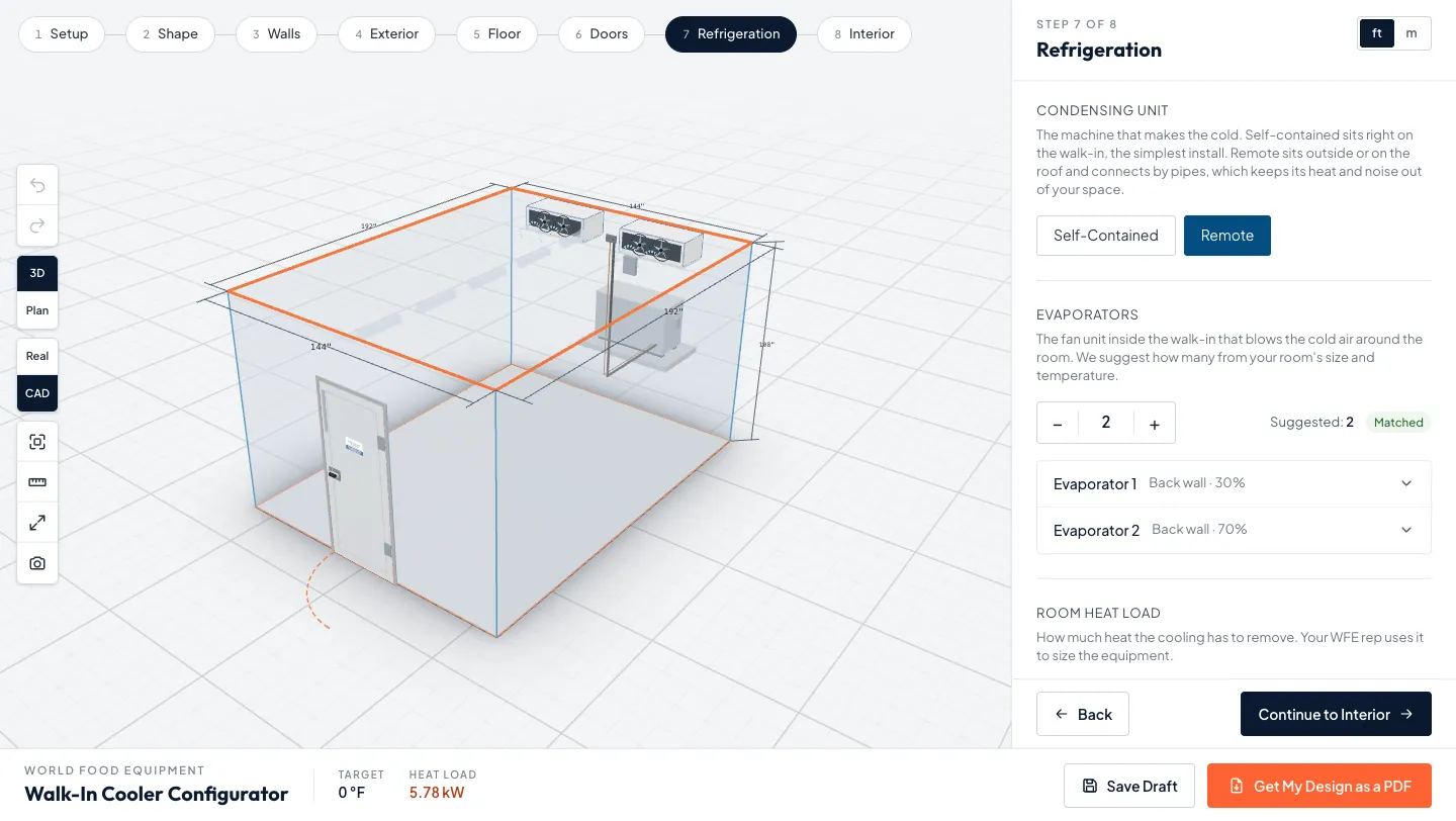 Configurator Refrigeration step with a remote condensing unit selected and two evaporators on the back wall of a see-through 12 by 16 ft walk-in freezer, matching the suggested count