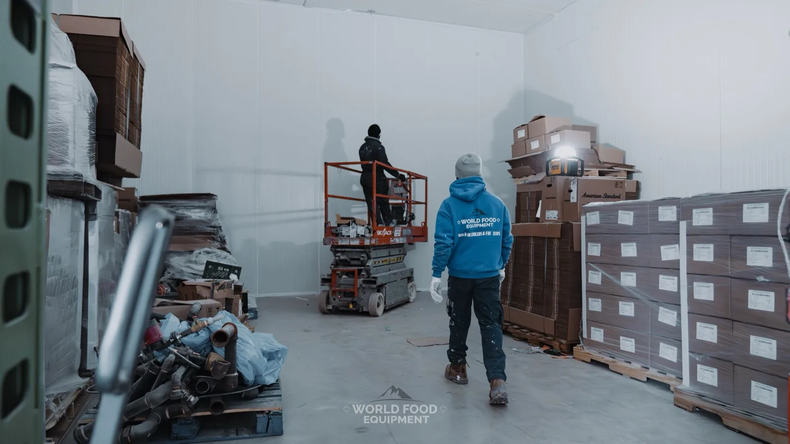 WFE crew assembling insulated walk-in panels during a commercial cold storage installation in Ontario